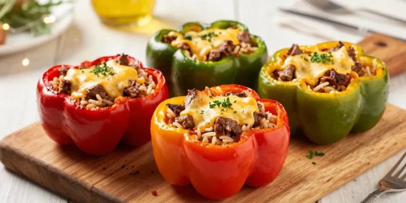 Colorful stuffed bell peppers with melted cheese served in a festive setting.