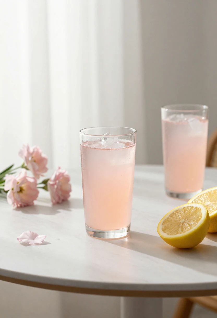 Glass of pink lemonade with pale pink flowers and lemon slices in soft natural light creating a calm and soothing mood