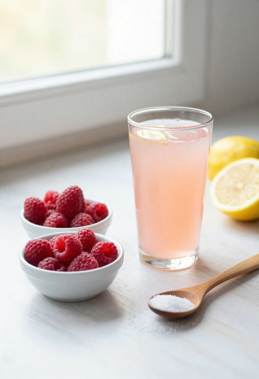 Glass of pink lemonade with fresh raspberries, lemon slices, and sugar on a light kitchen surface in natural sunlight