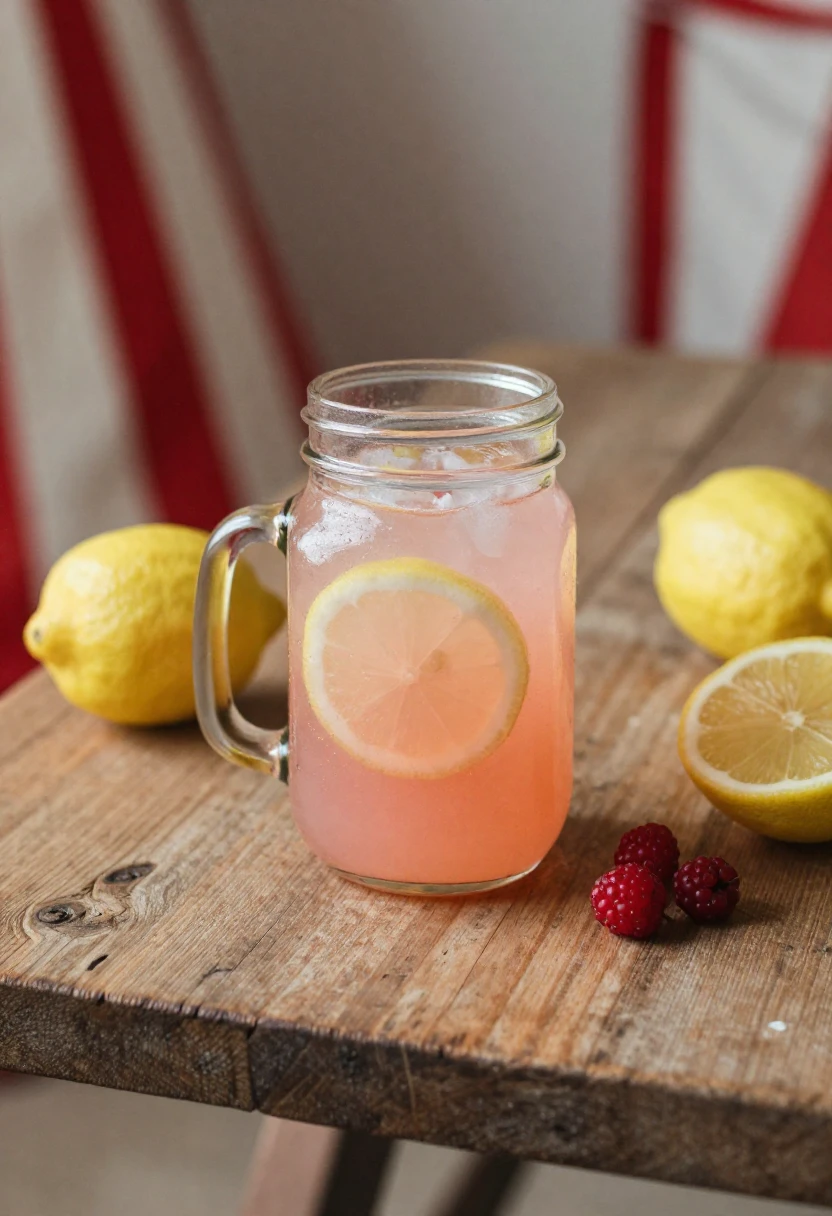 Vintage-style glass jar of pink lemonade with lemons and red berries on a rustic wooden table in warm sunlight