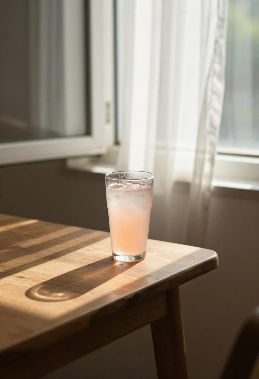 Single glass of pink lemonade on a wooden table near a sunlit window with soft curtains and warm summer light