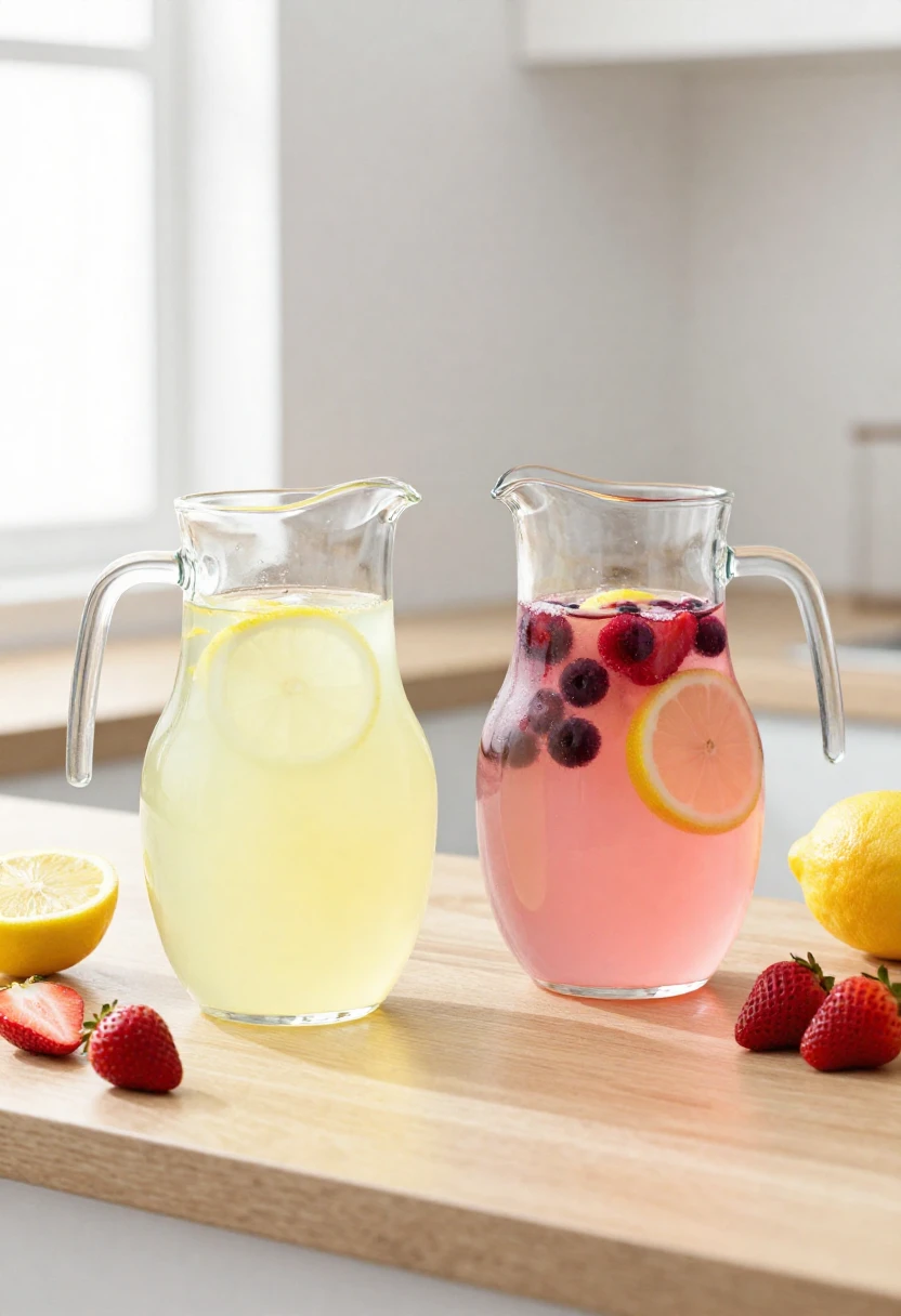 Two glass pitchers with yellow lemonade and naturally pink lemonade made with fresh berries and lemons in soft natural light