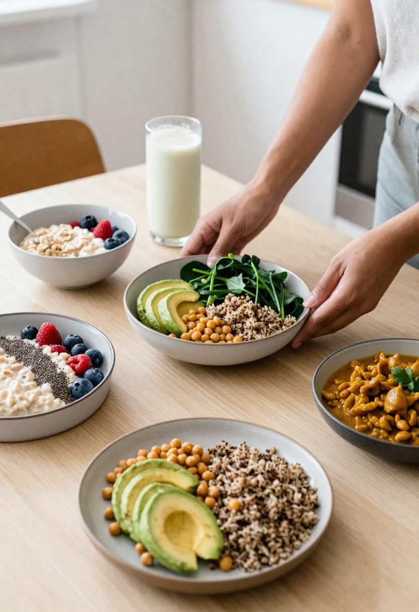 Balanced plant-based meals showing complete nutrition for breakfast, lunch, and dinner