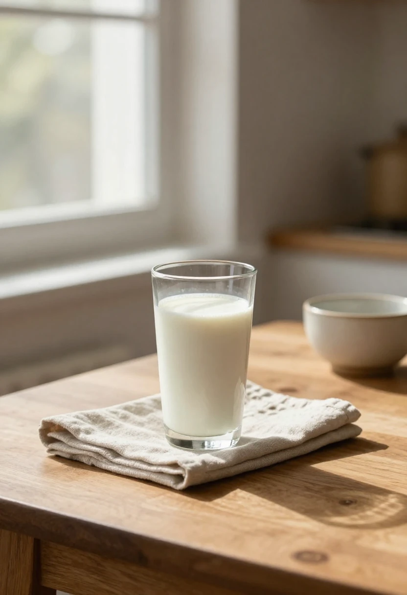 Creamy plant-based milk in a glass on a sunlit kitchen table creating a comforting morning moment