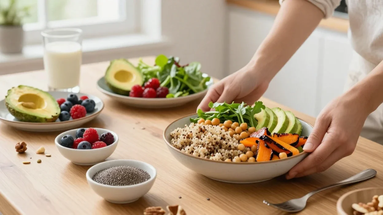 Balanced plant-based meal with vegetables, grains, fruits, and healthy fats