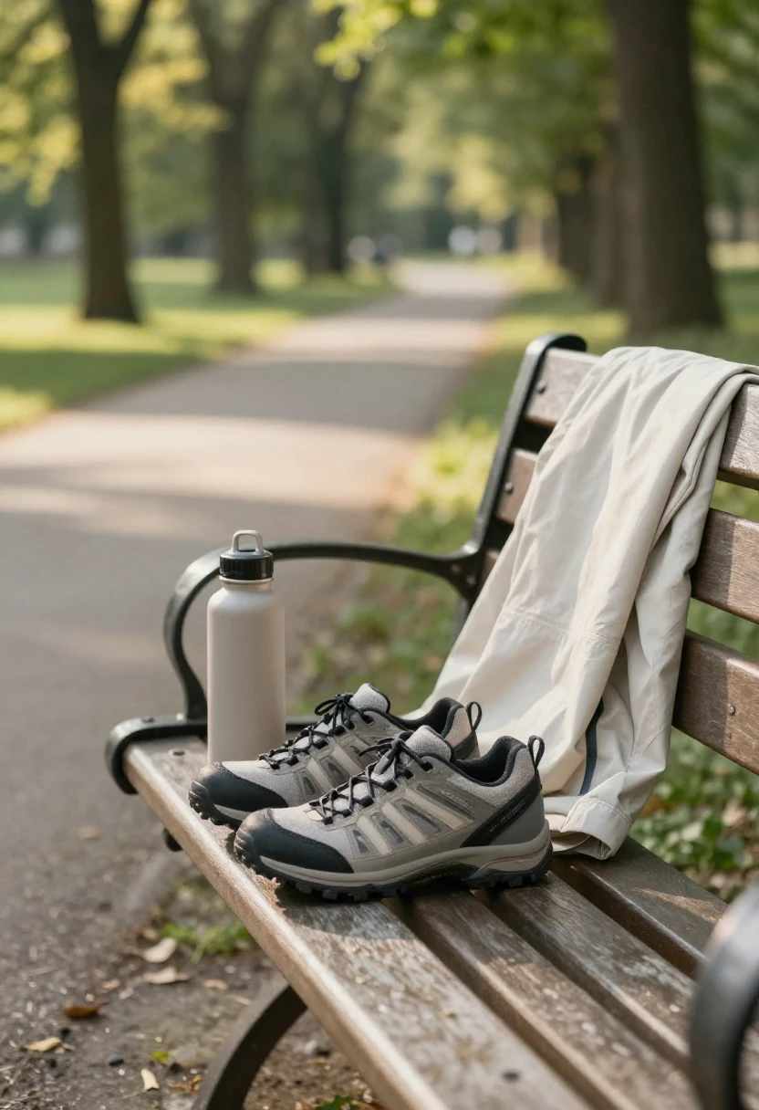 Walking shoes and water bottle on a park bench near a sunlit path representing the power of everyday movement