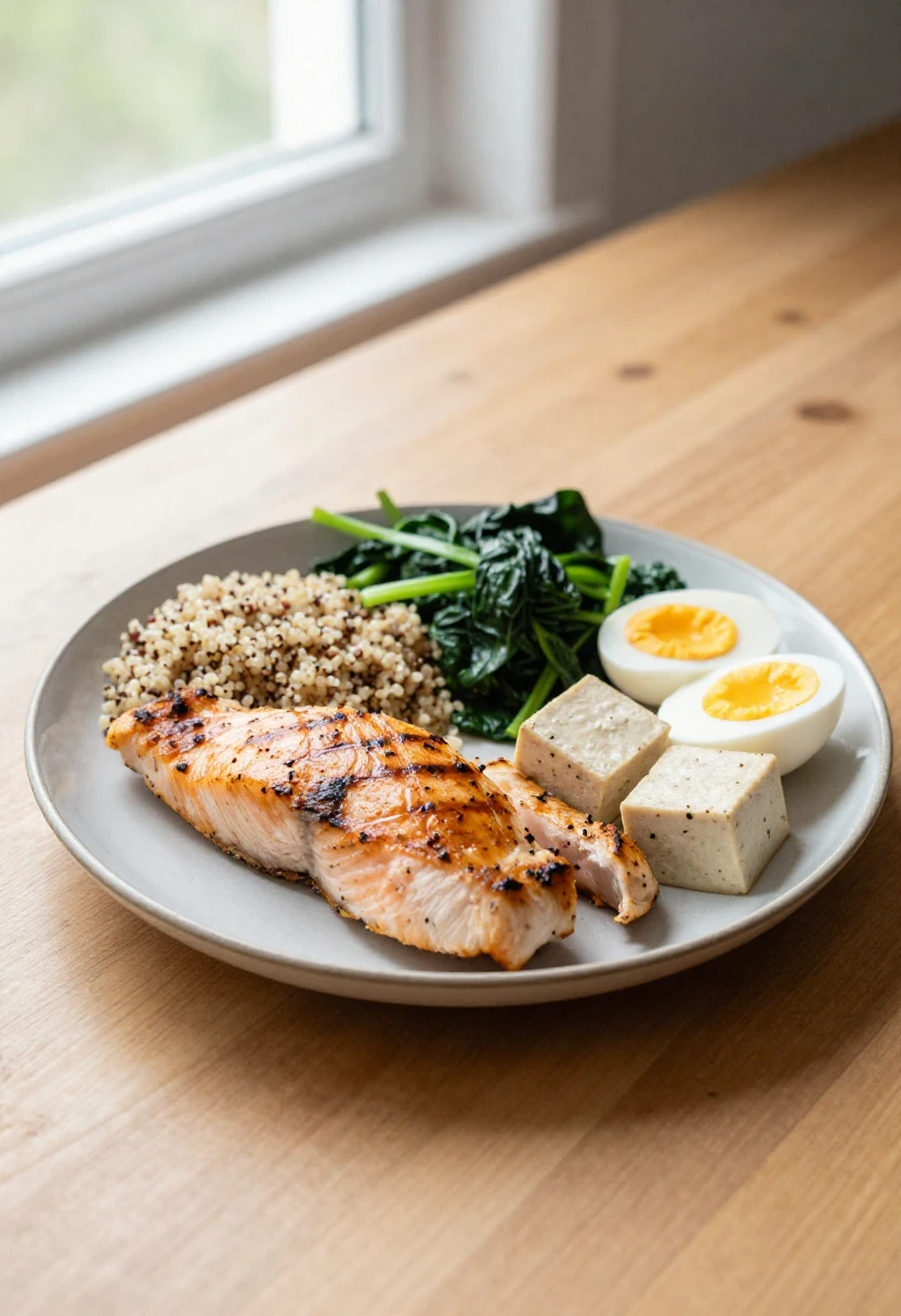 Protein-rich balanced meal with chicken, grains, and vegetables for weight loss