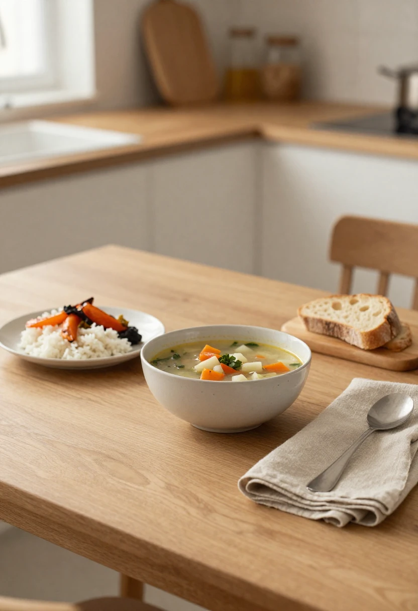 Simple bowl of soup, rice, and bread in soft light representing the emotional comfort of simple home meals