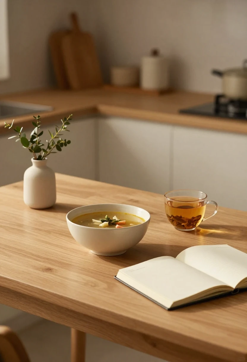 Warm soup, herbal tea, and open notebook in soft light symbolizing the quiet power of mindful self-nourishment