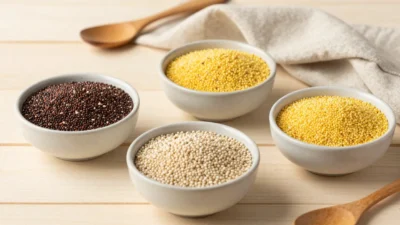 Quinoa, millet, and amaranth displayed as nourishing ancient grains