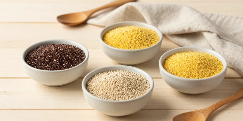 Quinoa, millet, and amaranth displayed as nourishing ancient grains