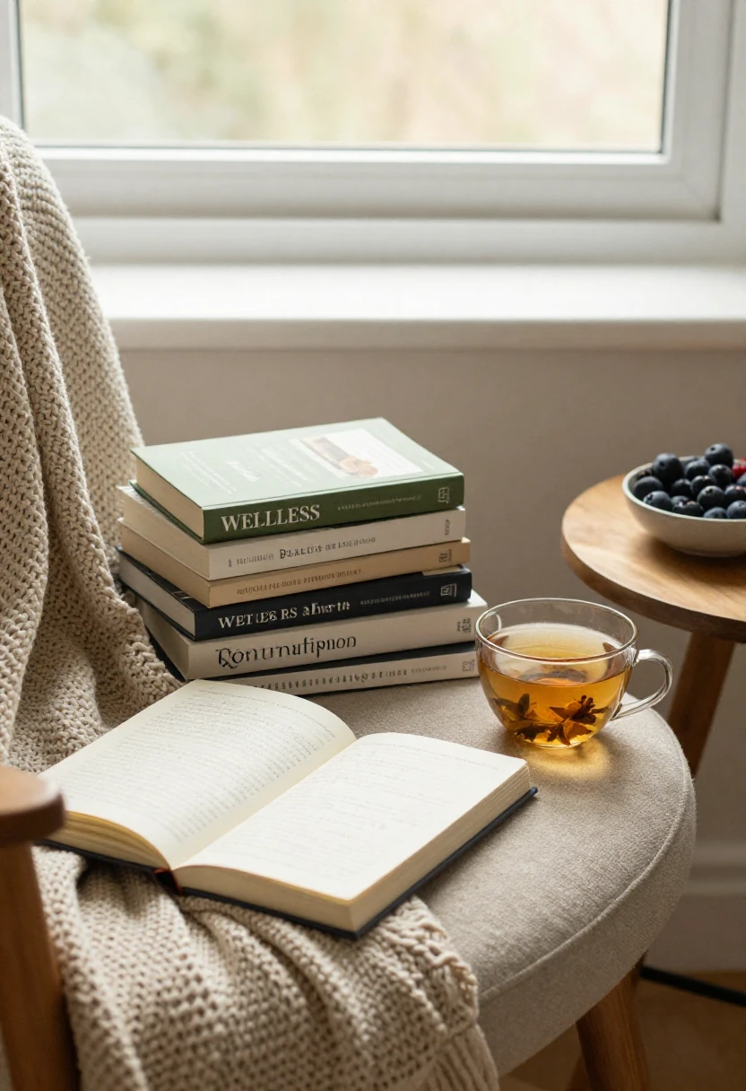 Notebook, wellness books, and herbal tea in a cozy corner representing real-life weight loss tips and experience