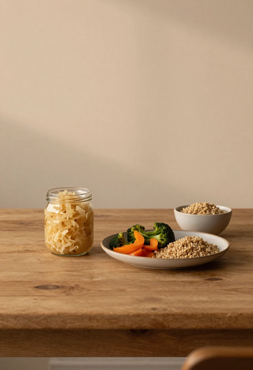 Jar of sauerkraut served with a balanced meal symbolizing a realistic and sustainable approach to weight loss