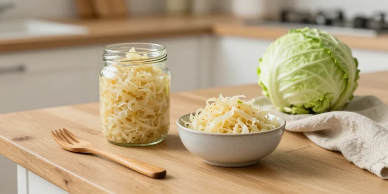 Fresh raw sauerkraut in a glass jar with cabbage on a wooden table representing the sauerkraut diet and fermented weight loss