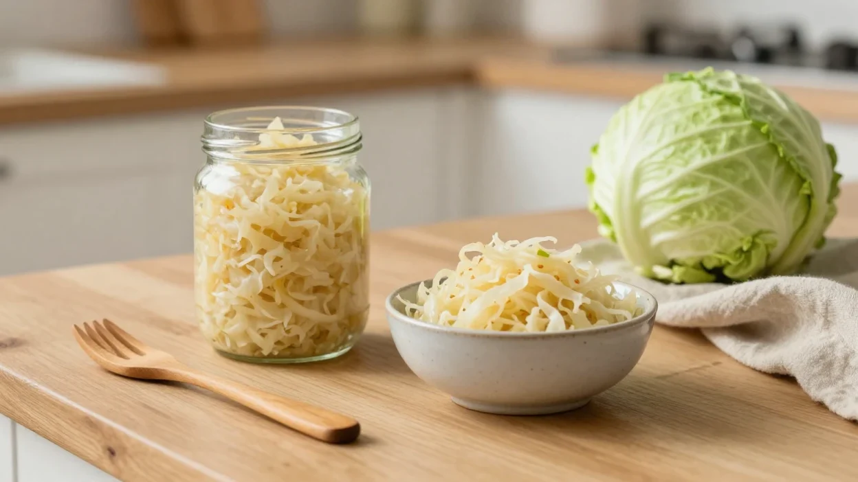 Fresh raw sauerkraut in a glass jar with cabbage on a wooden table representing the sauerkraut diet and fermented weight loss