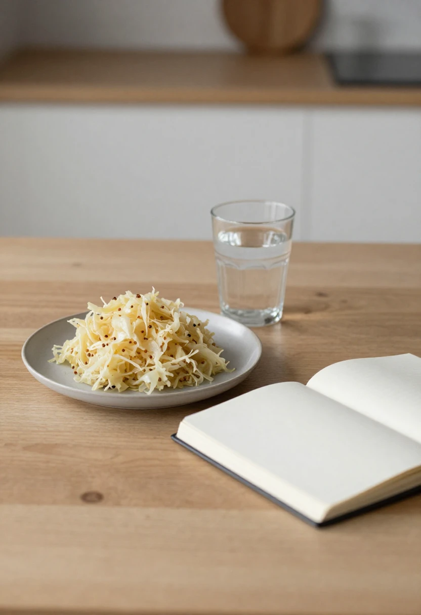 Small bowl of sauerkraut with simple meal and notebook representing health considerations before trying the diet