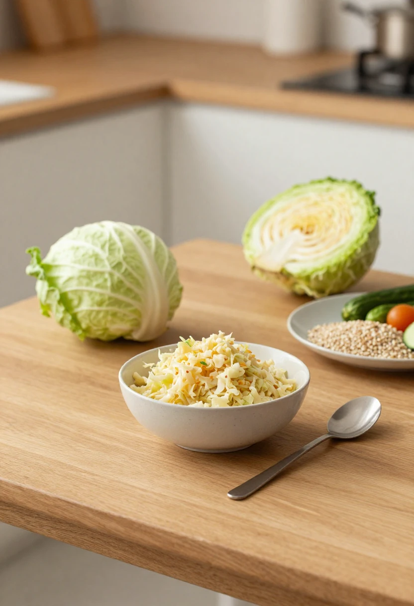 Bowl of raw sauerkraut with whole foods representing digestive and gut health benefits