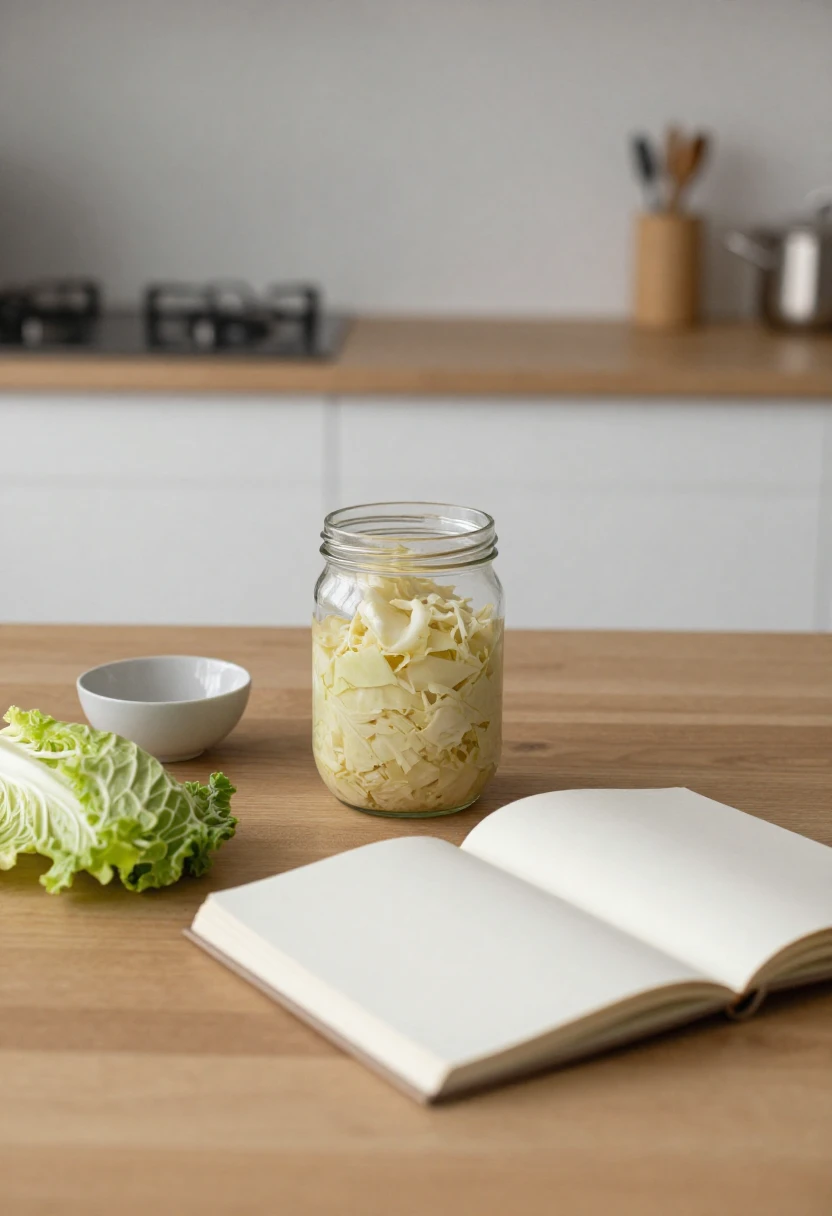 Jar of raw sauerkraut with fresh cabbage in soft light representing research on fermented foods and weight loss