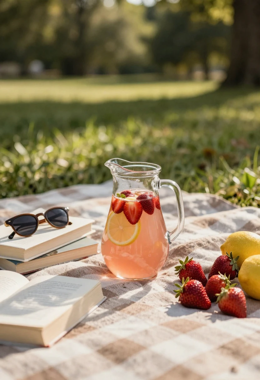 Pitcher of strawberry lemonade on a picnic blanket with books and fruit in soft afternoon sunlight creating a summer ritual mood