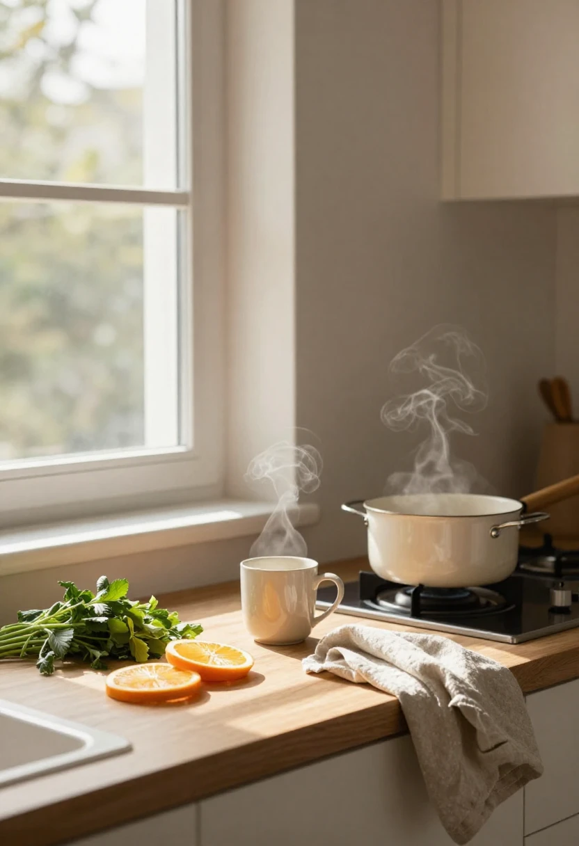 Sunlit kitchen scene with herbs, steam, and warm light representing the sensory comfort of mindful cooking