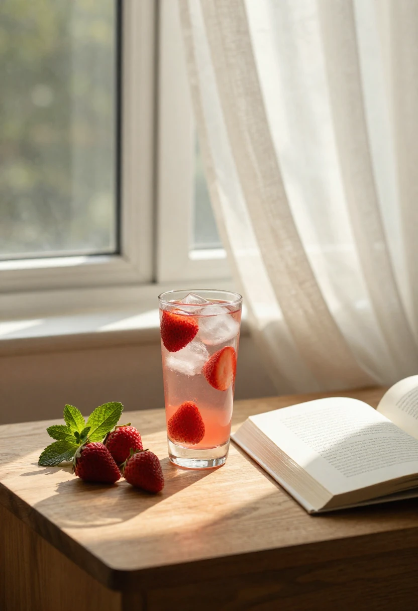 Refreshing strawberry drink by a sunny window creating a calm and relaxing moment