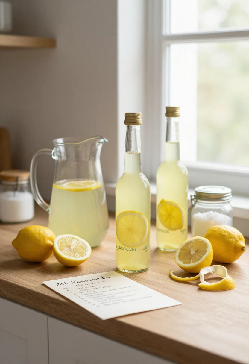 Homemade limoncello with fresh lemons, sugar, and recipe card on a sunlit kitchen counter