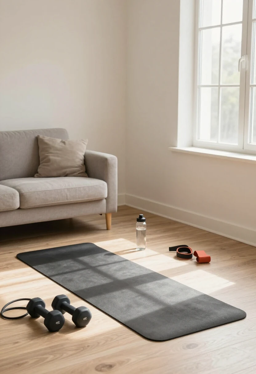 Home strength training setup with dumbbells and mat for busy professionals