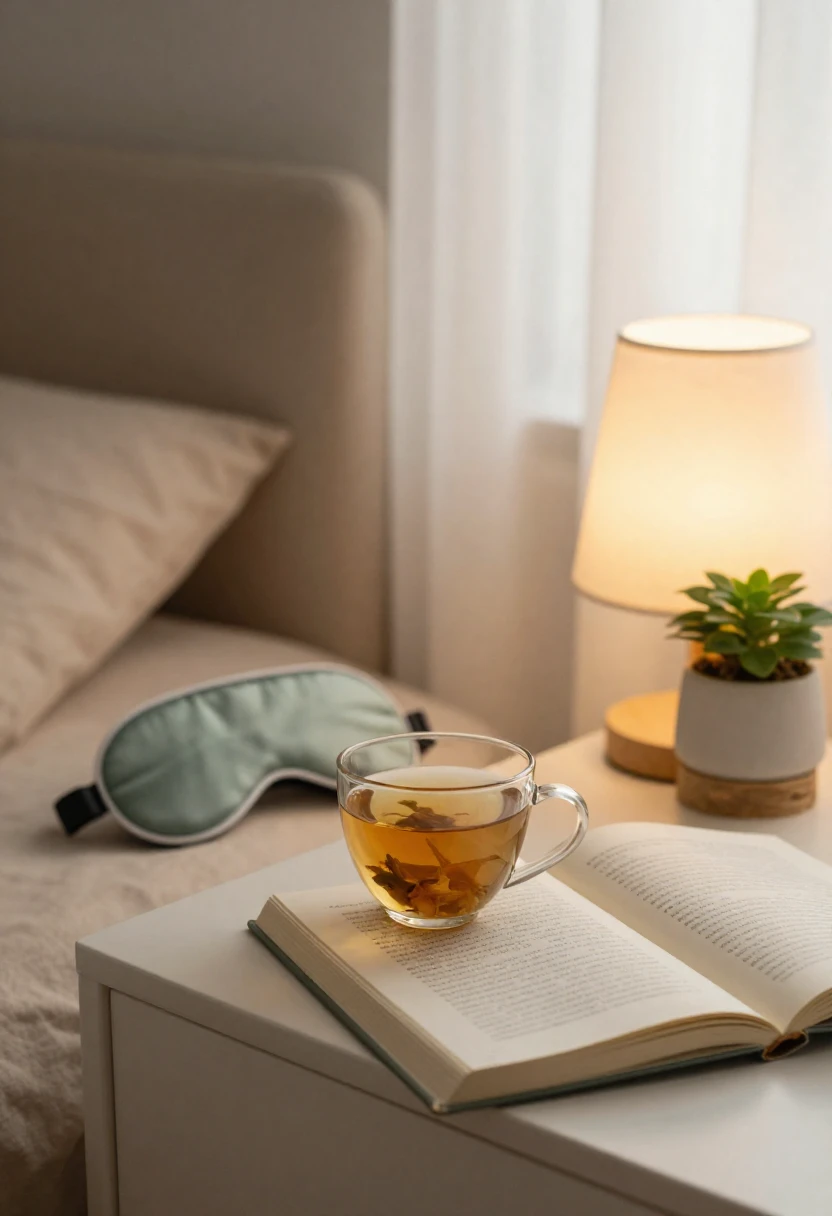 Herbal tea, book, and sleep mask on a bedside table in soft evening light representing stress relief and healthy sleep habits