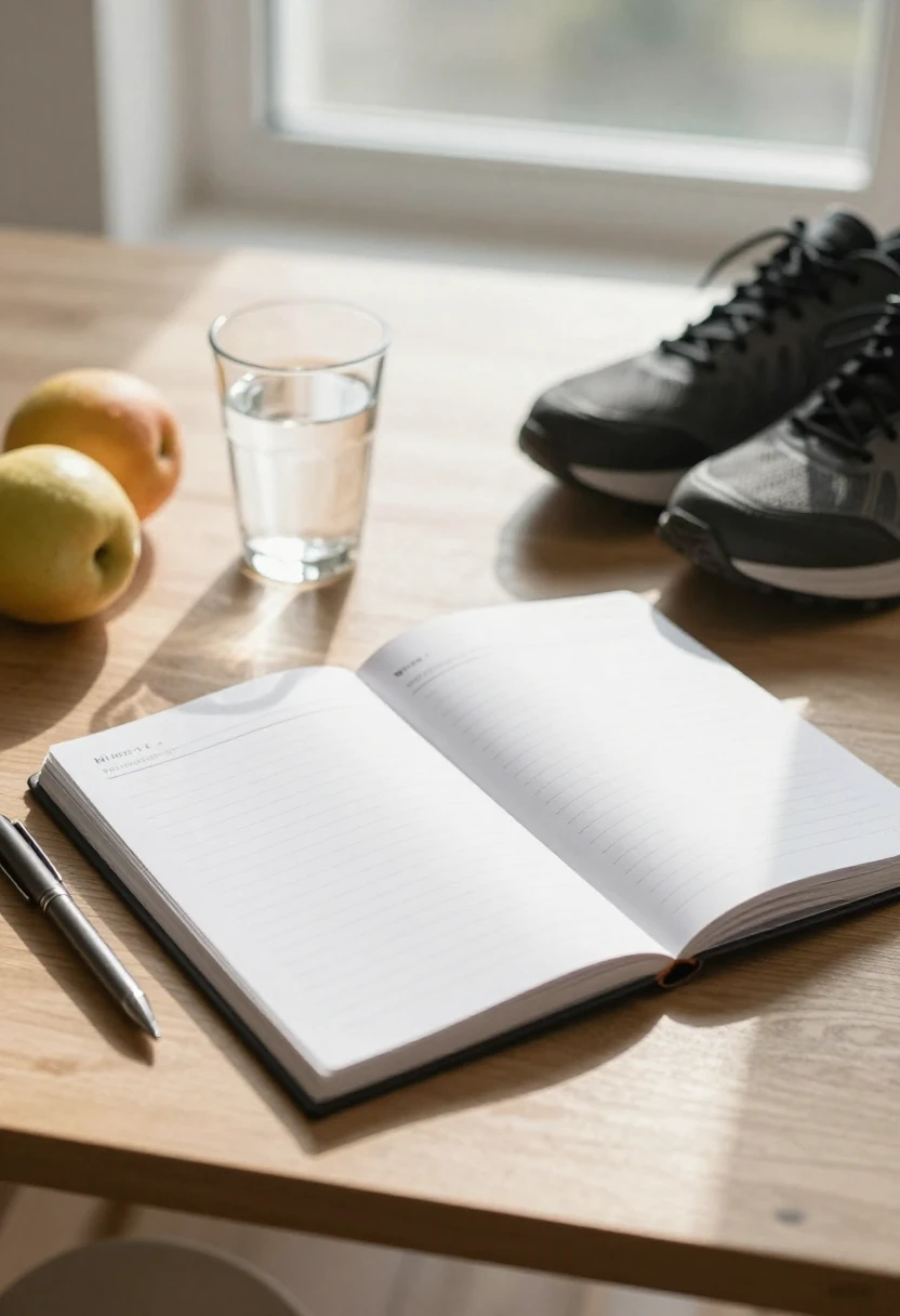 Checklist notebook, water, fruit, and walking shoes on a sunlit table representing small sustainable health habits
