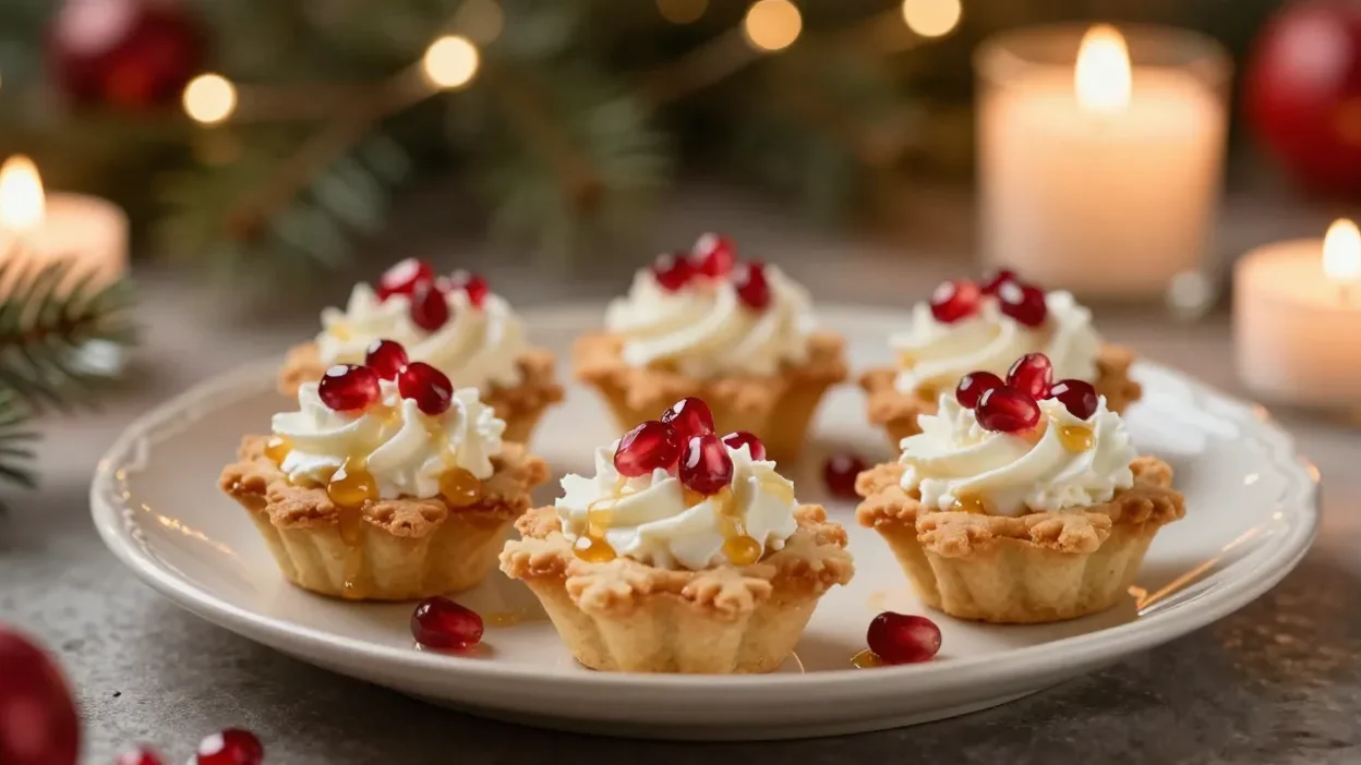 Snowflake goat cheese tartlets with pomegranate and honey on a festive holiday table with candles and warm lights.