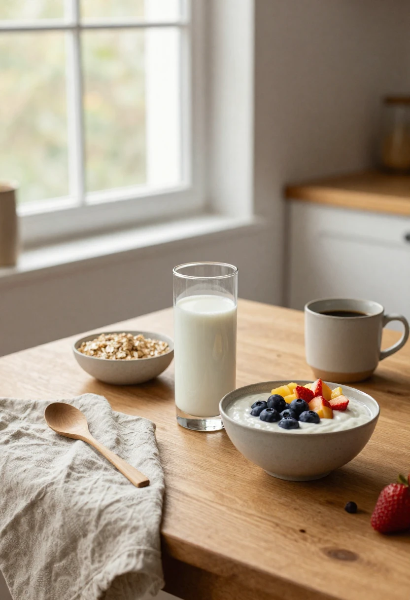 Plant-based milk as part of a balanced daily routine with breakfast and coffee