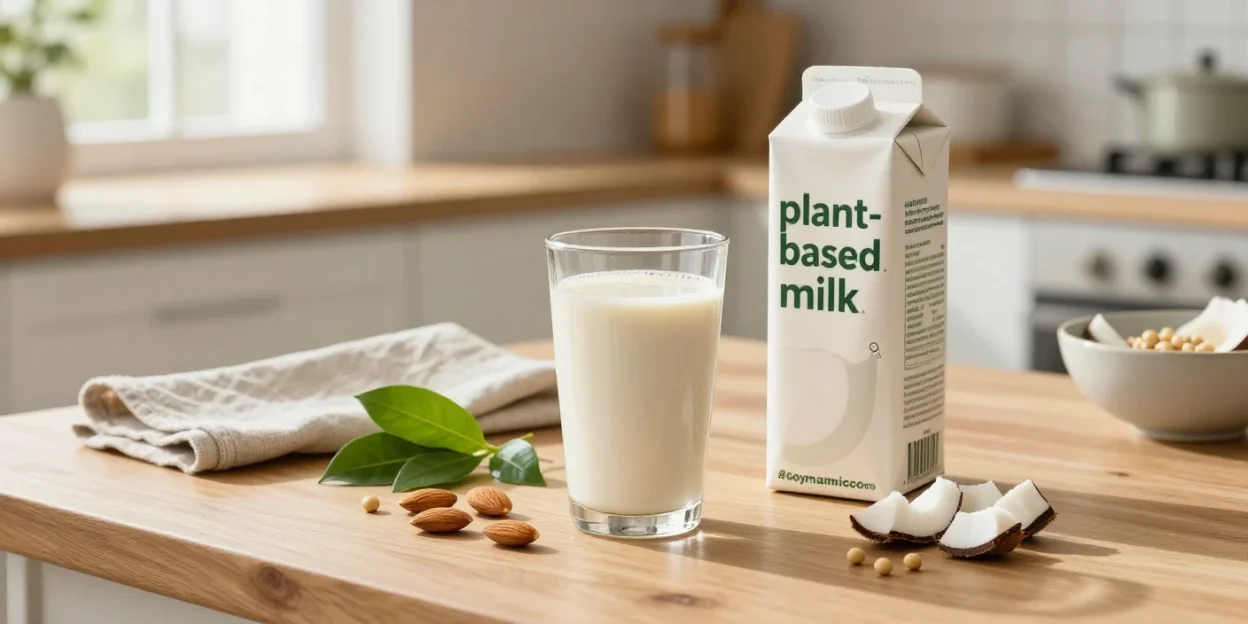 Creamy Soymamicoco plant-based drink with almonds, soybeans, and coconut on a sunlit table