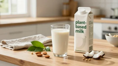 Creamy Soymamicoco plant-based drink with almonds, soybeans, and coconut on a sunlit table
