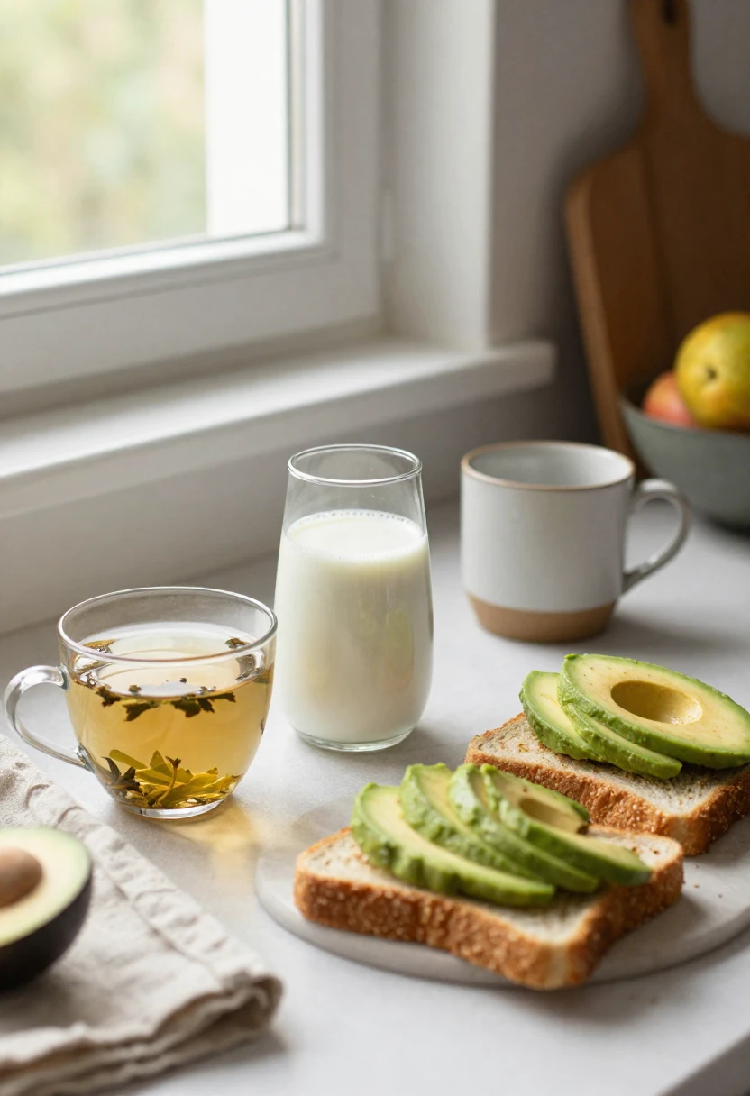 Plant-based milk with herbal tea and light breakfast in a calm, digestive-friendly setting