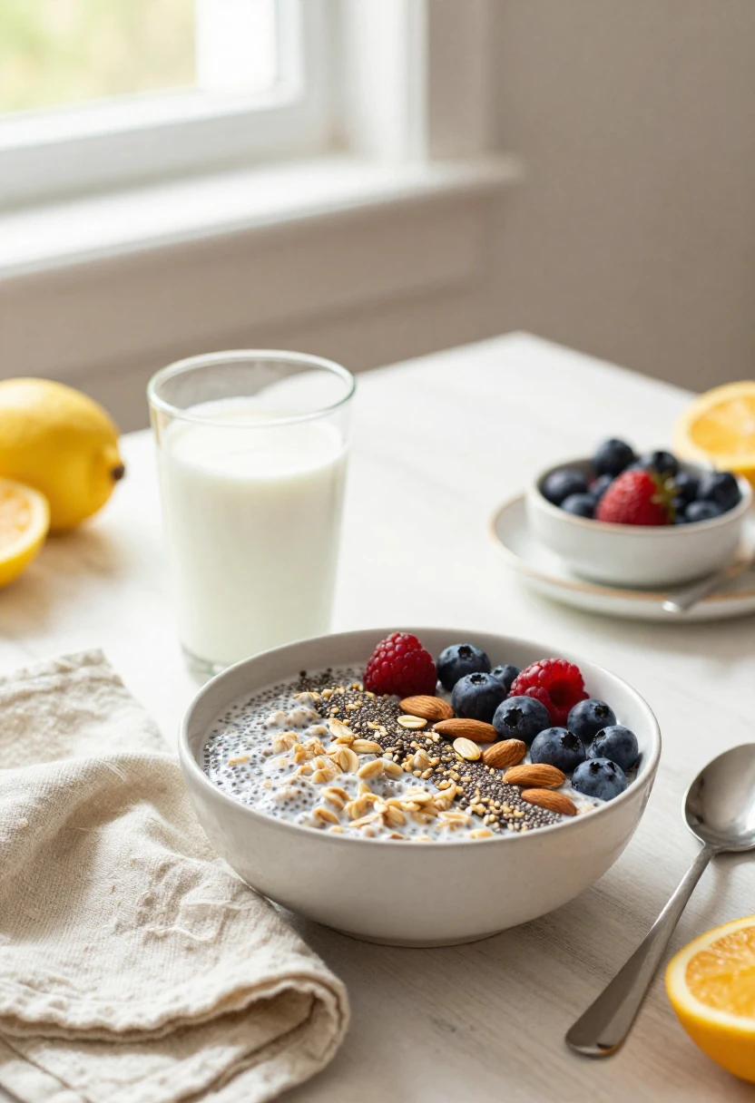 Nutritious breakfast with plant-based milk, oatmeal, berries, and nuts on a sunny table