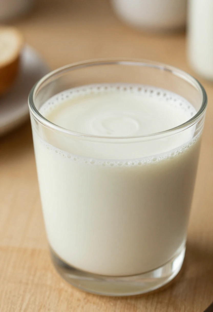 Close-up of creamy plant-based milk showing smooth texture and soft foam in natural light