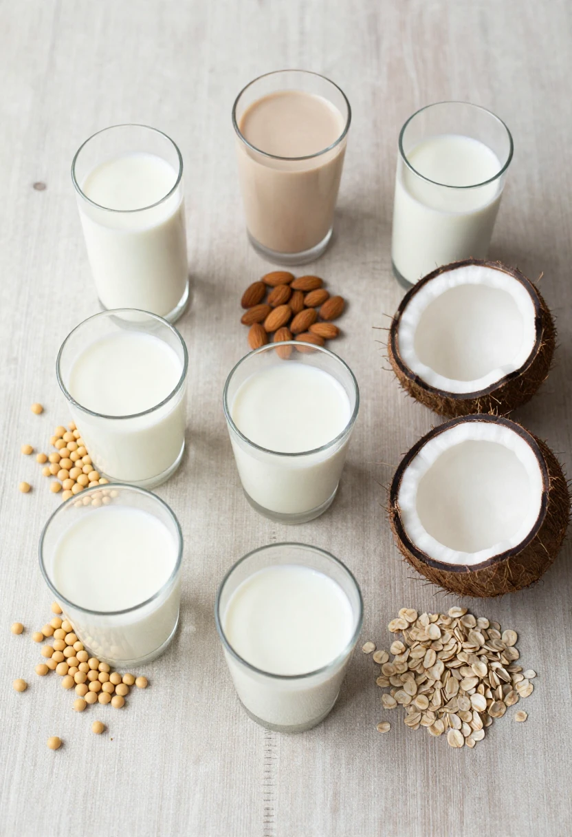 Comparison of different plant-based milks including soy, almond, oat, and coconut with ingredients