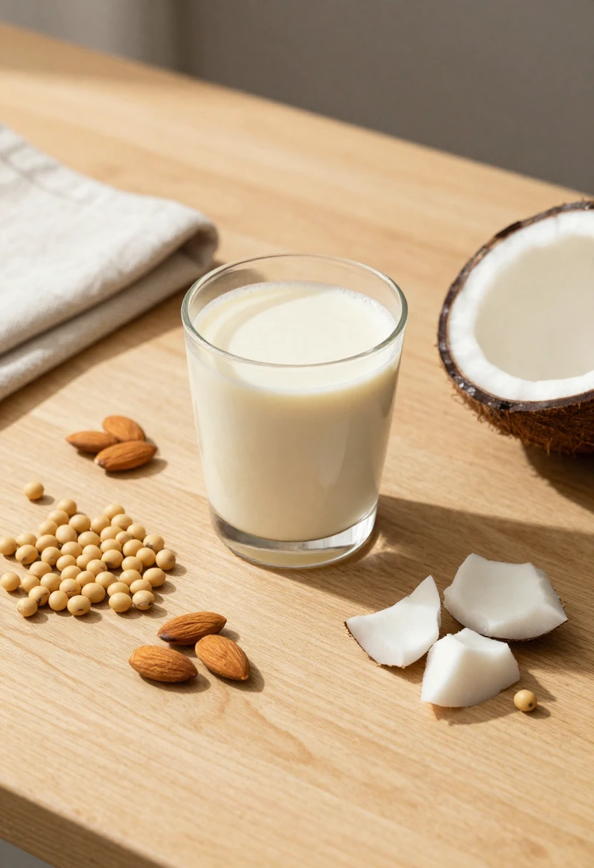 Balanced blend of soy, almond, and coconut around a glass of creamy plant-based milk