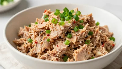 Spicy tuna salad in a bowl with green onions, shot in natural light