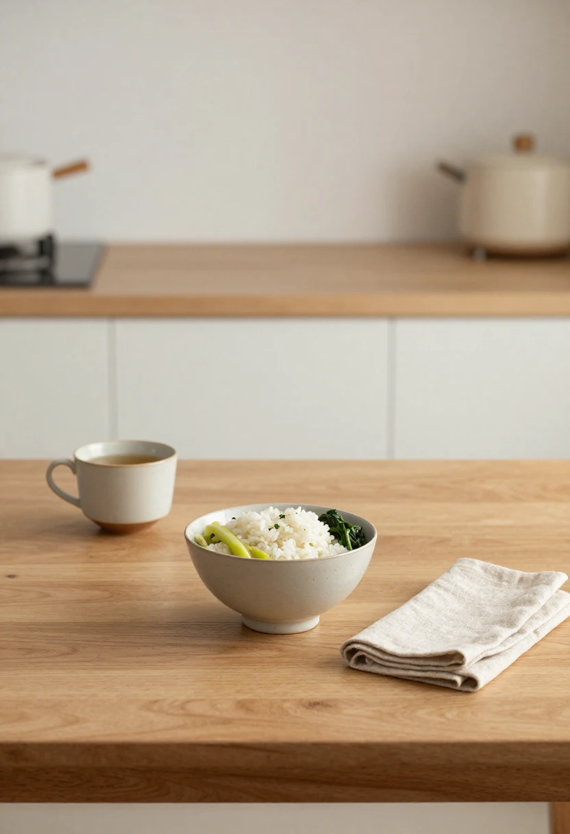 Simple balanced meal and tea representing the beginning of a mindful Zen eating practice