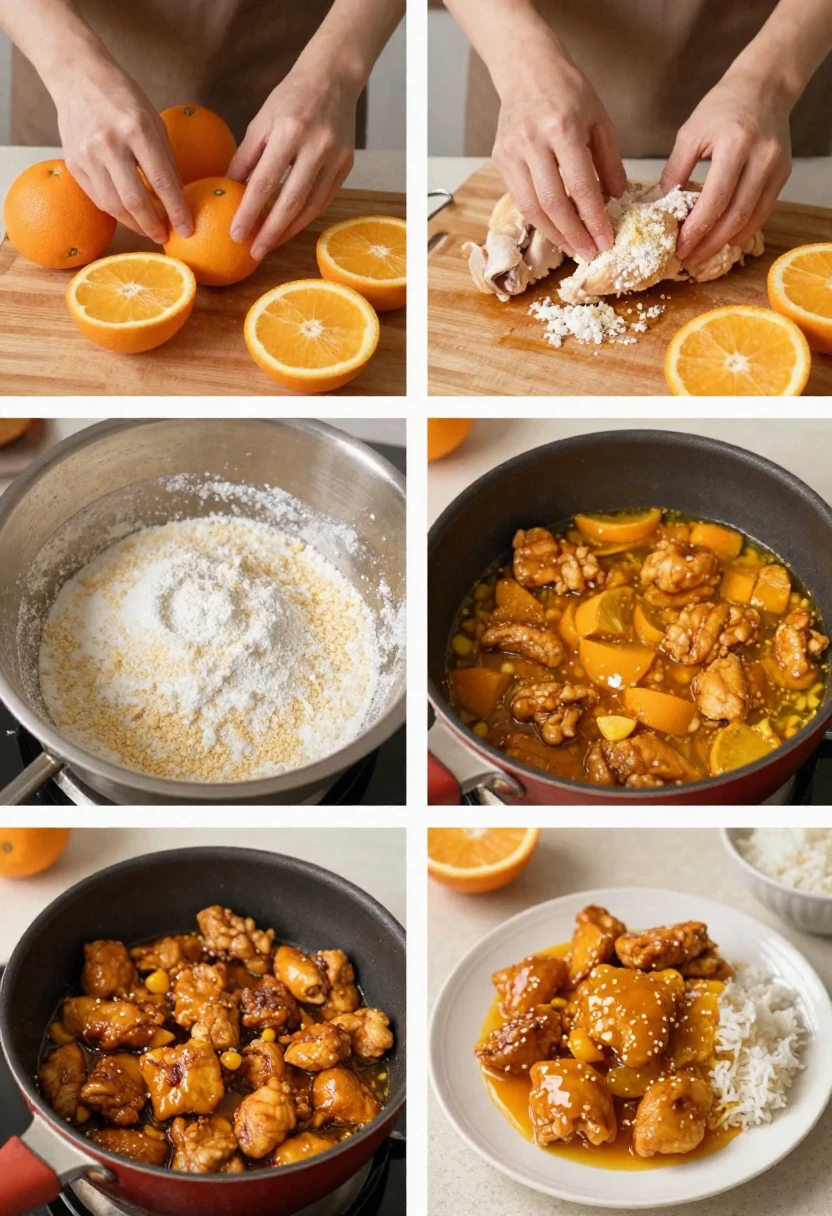 Step-by-step process of making homemade orange chicken from preparation to plating