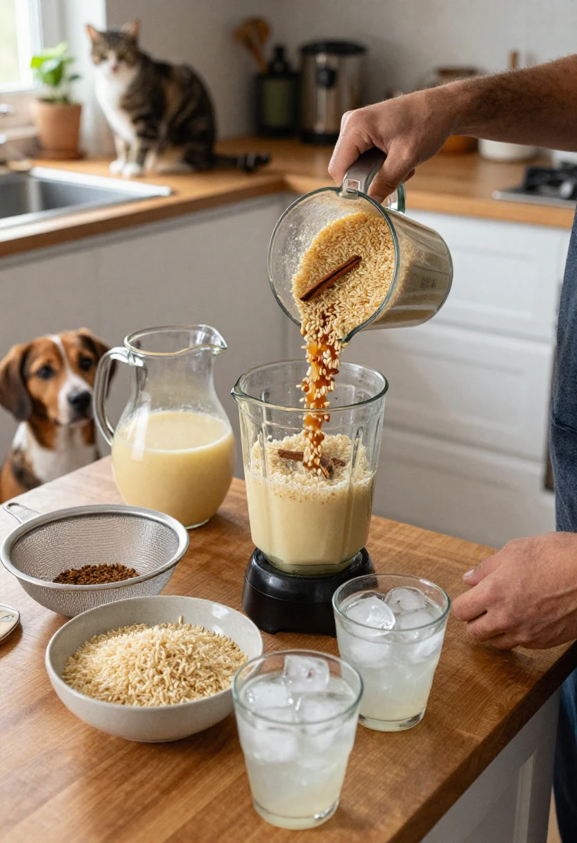 Making homemade horchata step by step in a home kitchen