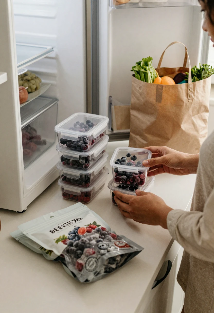 Organizing and storing frozen berries in airtight containers at home