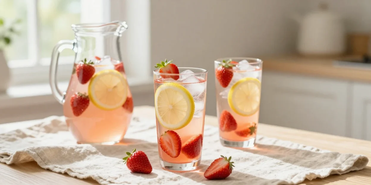 Glass pitcher and glasses of strawberry lemonade with lemon slices and fresh strawberries in soft natural sunlight on a summer table
