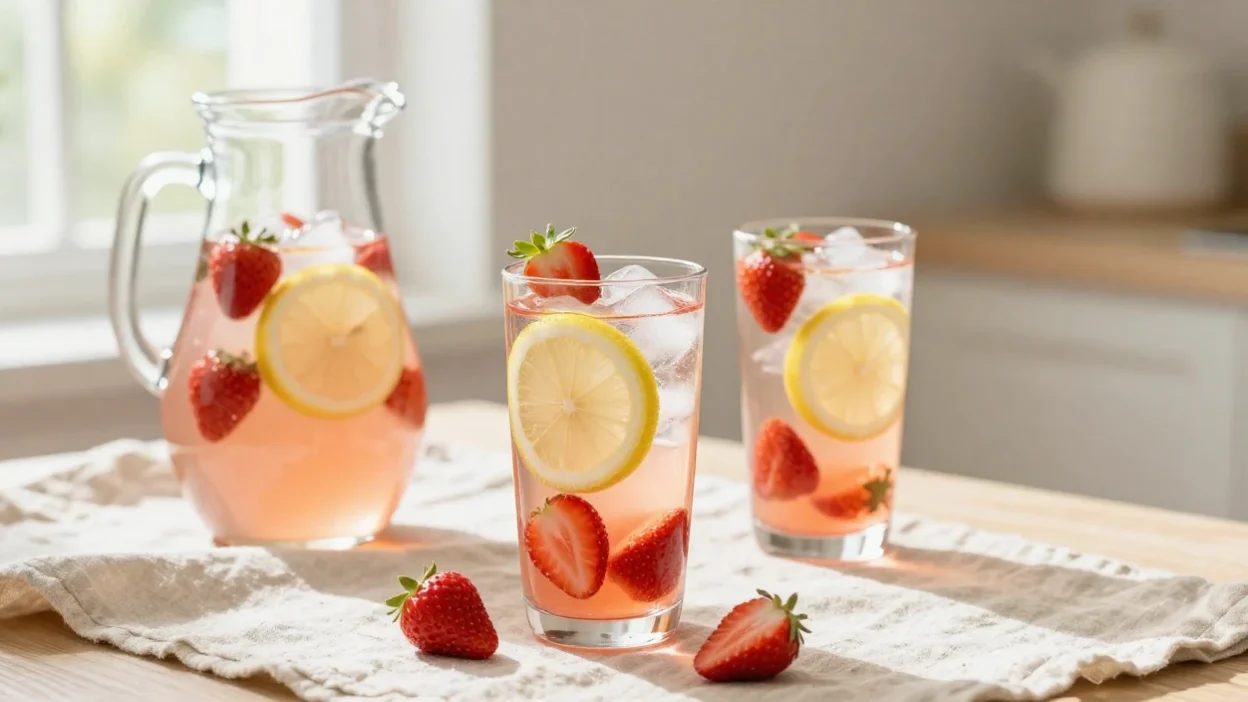 Glass pitcher and glasses of strawberry lemonade with lemon slices and fresh strawberries in soft natural sunlight on a summer table