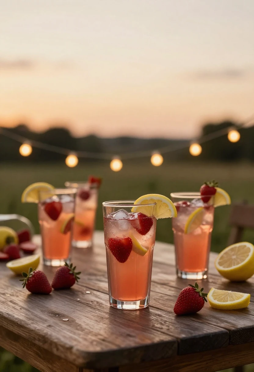 Glasses of strawberry lemonade on a rustic outdoor table in warm sunset light creating a nostalgic summer mood
