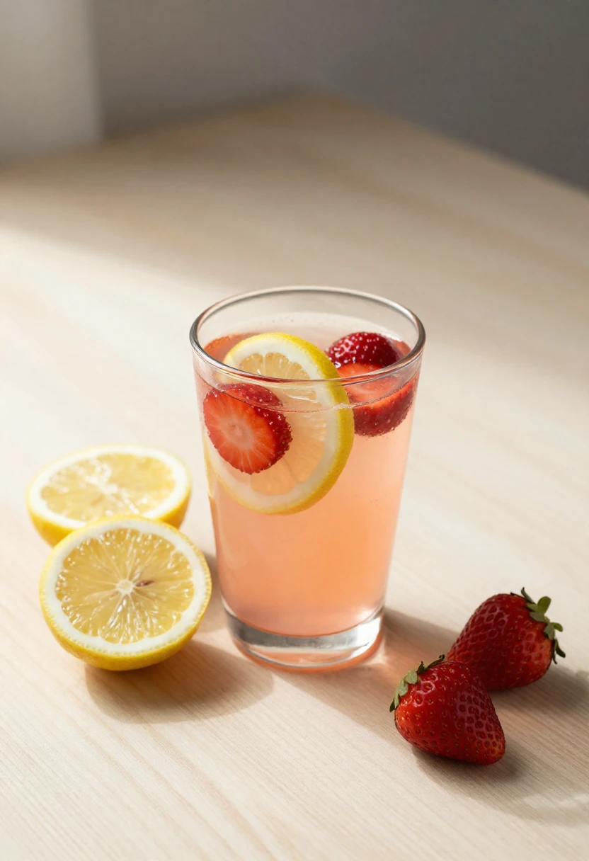 Glass of strawberry lemonade surrounded by fresh lemons and strawberries in soft natural light showing balanced sweet and tart flavors