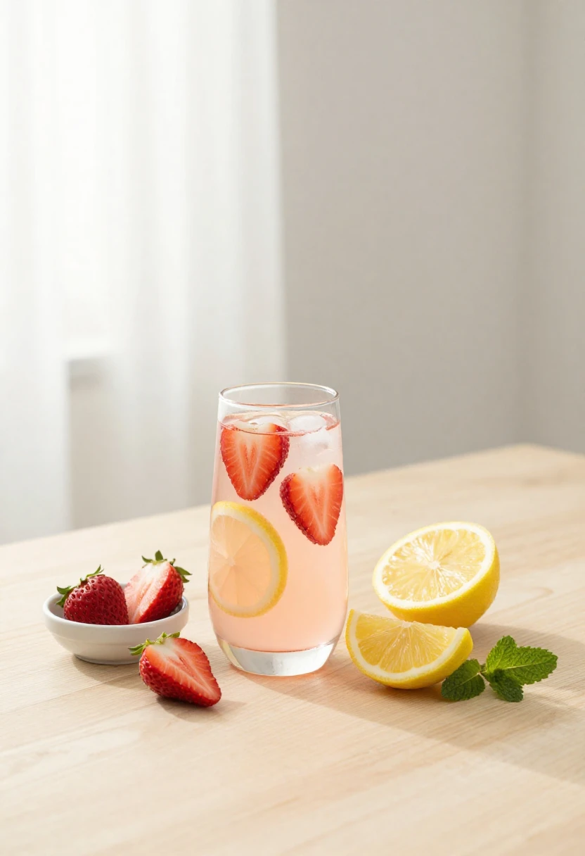 Glass of strawberry lemonade with fresh strawberries, lemon slices, and mint in soft natural light highlighting its refreshing and healthy qualities