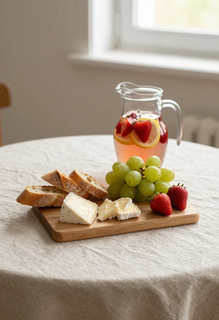 Cheese board with bread, grapes, and strawberries served alongside strawberry lemonade in soft natural light
