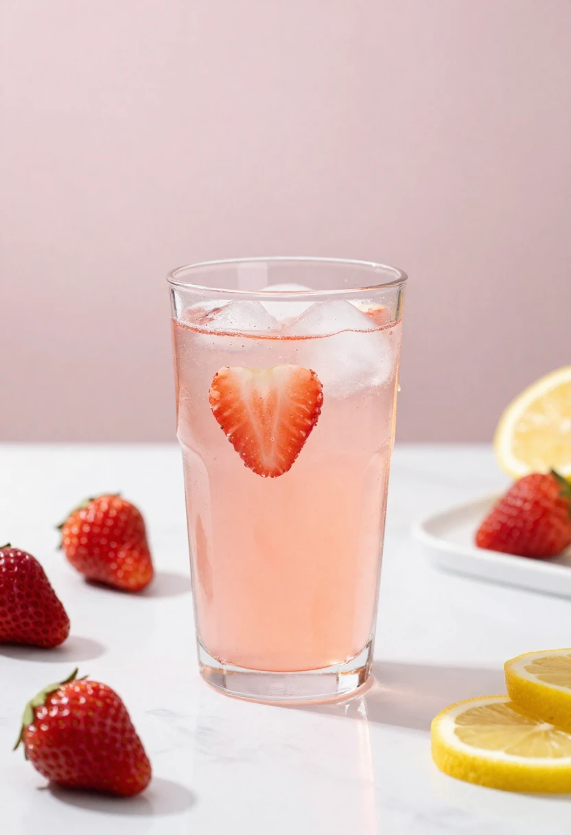 Close-up of strawberry lemonade glowing in sunlight with visible texture, ice, and fresh fruit on a light table